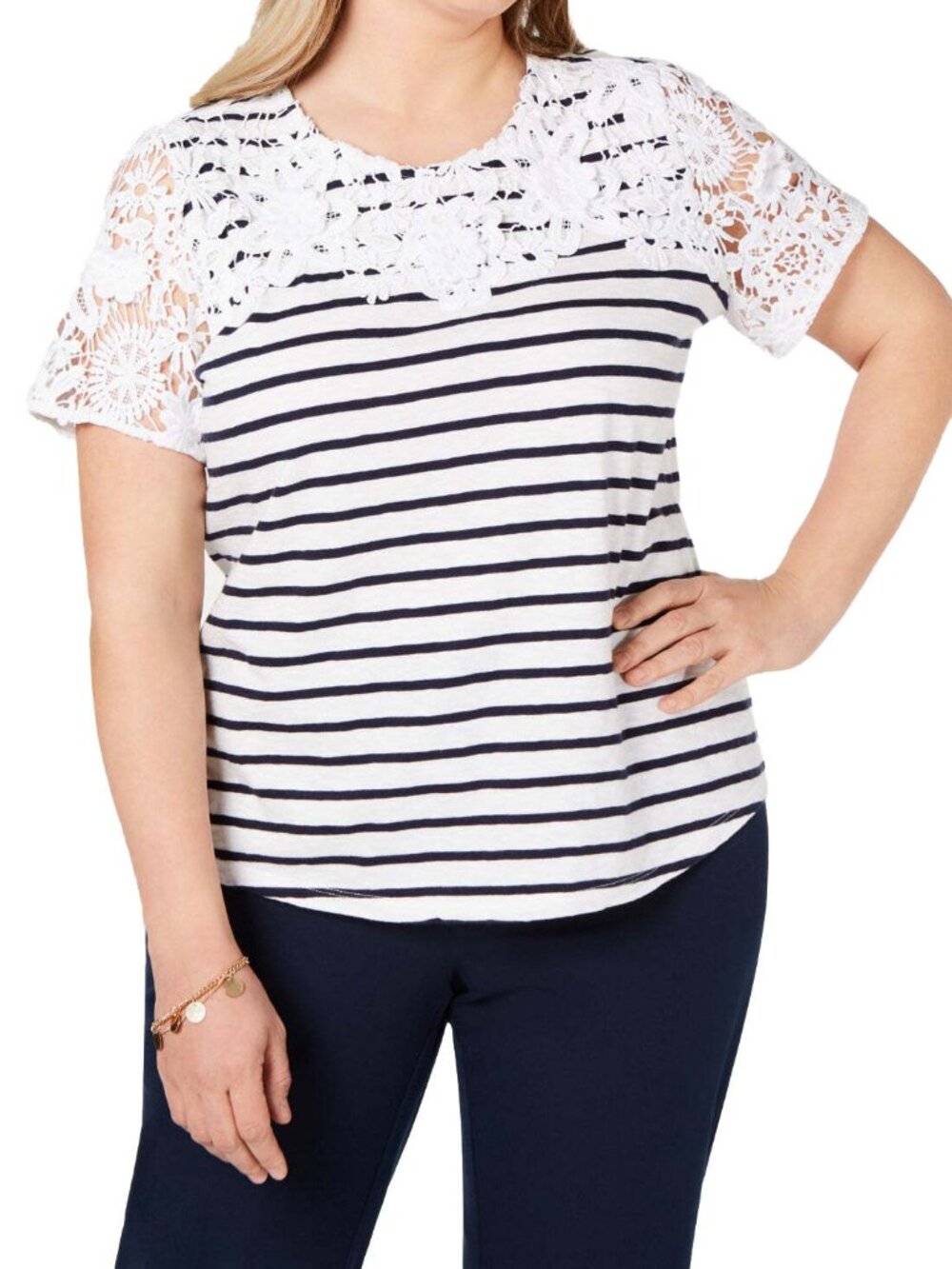 Charter Club Womens Plus Size Striped Embroidered Top